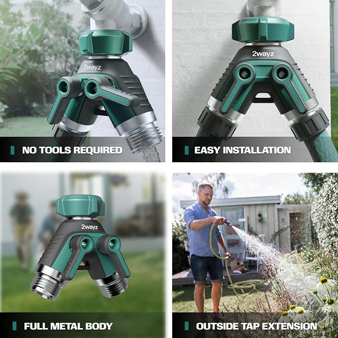 2WAYZ Dual Outlet Water Hose Splitter - Heavy-Duty Brass Y Connector, 360° Rotation, Easy Installation, Leak-Proof Design with Spigot Extender - Ideal for Garden, Washing Machines, Outdoor Faucets