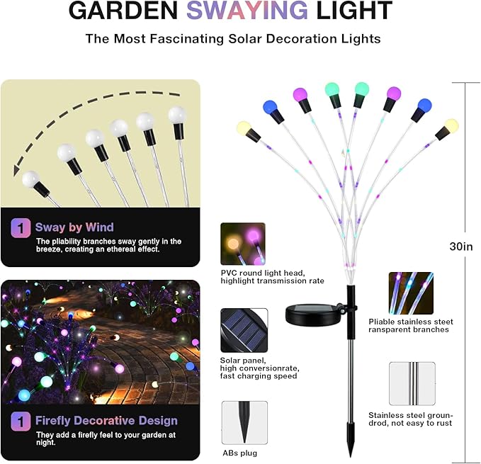 Solar Garden Lights Christmas Decorations, Upgraded Solar Lights Outdoor, 4-Pack Solar Swaying Light-Sway by Wind, 32 LED Firefly Lights Solar Outdoor for Yard Christmas Decor (Colorful)