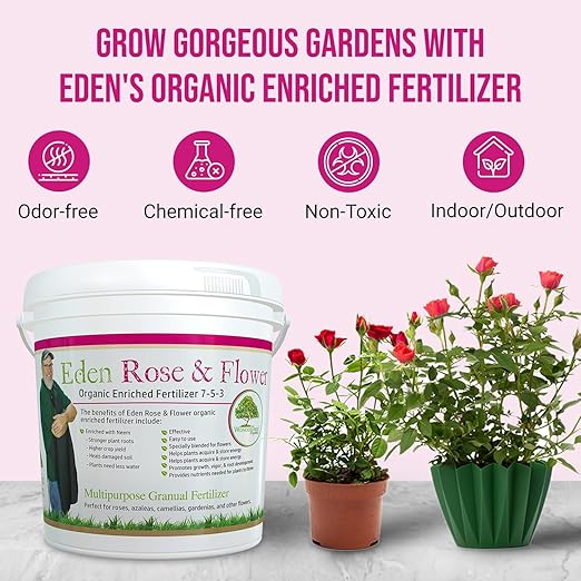 Eden Rose & Flower Organic Enriched Fertilizer | Neem Plant Food-7-5-3 Enriched Formula | for Best Flower Growth (5lbs)