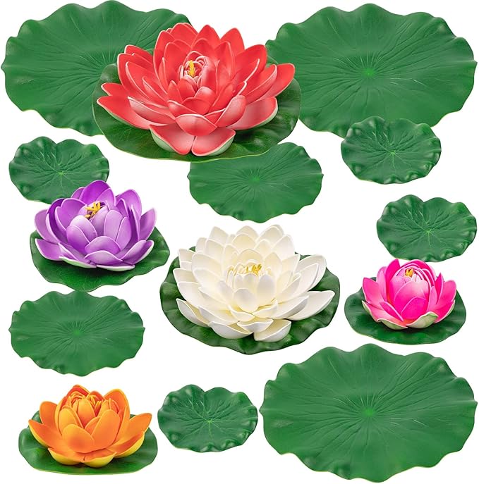 Artificial Lily Pads for Pond, 11in & 6in Artificial Flowers Floating Foam Lotus Flower with Fake Lily Pads, for Pool Garden Koi Fish Pond Aquarium Pool Wedding Decor, 14PCS