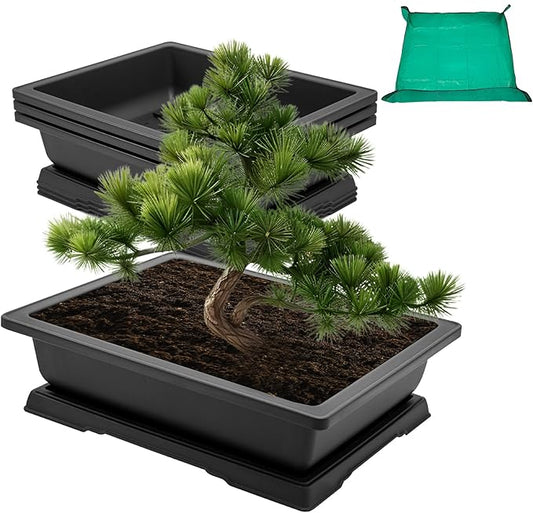 GROWNEER Bonsai Training Pots 3Pcs 18 Inch Large Bonsai Tree Starter Kits with Drainage Humidity Trays and 1 Repotting Mat, Growing Flower Planter Set for Garden Indoor Outdoor