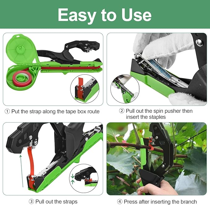 Upgraded Plant Tying Machine Gun to Tie Up Vine Tomatoes and Grapes Quickly Garden Tape Tool for Gardeners Farmers with SK5 Blade Replacement Garden Tapes and Staples