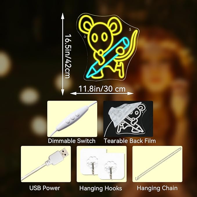 Pencil Mouse Neon Sign Yellow Led Neon Signs Classroom Neon Lights for Wall Decor Dimmable Light Up Sign for Classroom Bookstore Library Bookish Museum Teen Gifts (USB Powered 5V/2A)
