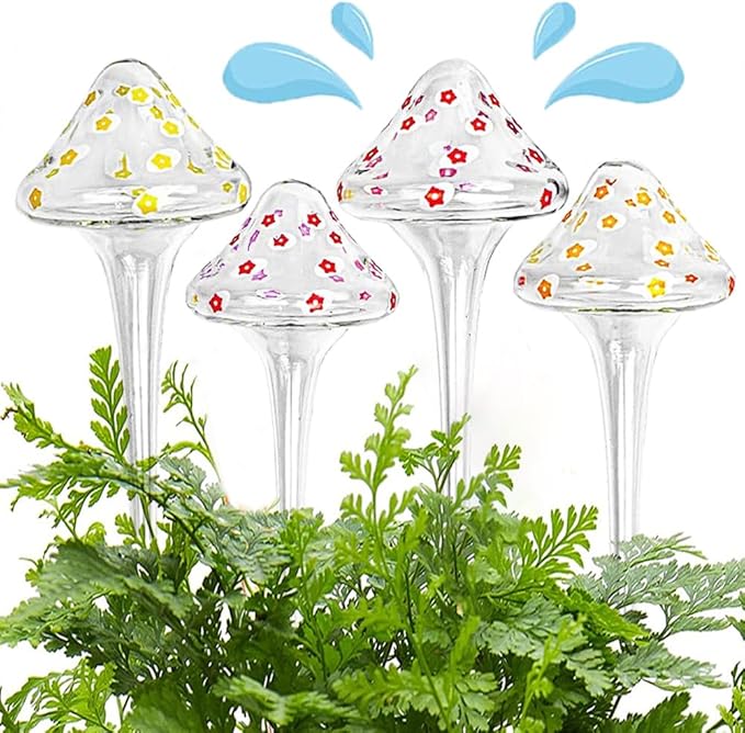 Plant Watering Globes, Hand-Blown Mushroom-Shaped Self Watering Globes, Suitable for Indoor&Outdoor Plant Watering Devices (4 Pcs)
