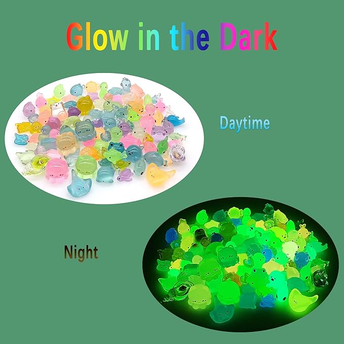 Luminous Ocean Mini Resin Animals Figures, 100 Pcs Glow in The Dark Tiny Plastic Animals Sea Creatures Miniature Figurines to Hide