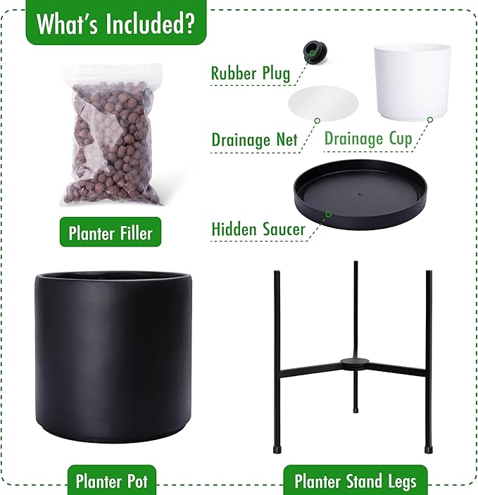 D'vine Dev Modern Black Plants Pot Cylinder Planter with Heavy Duty Stand, Medium 10 Inch Pot, 16.3 Inch with Stand Height, 96-T-B-2