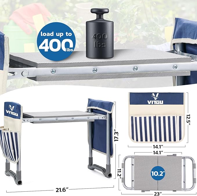 VITUU Garden Kneeler and Seat 2024 New Upgraded Heavy Duty Foldable Garden Stool Portable Garden Bench for Kneeling and Sitting with 2 Tool Pouches,Gardening Gifts for Women,Seniors,Parents