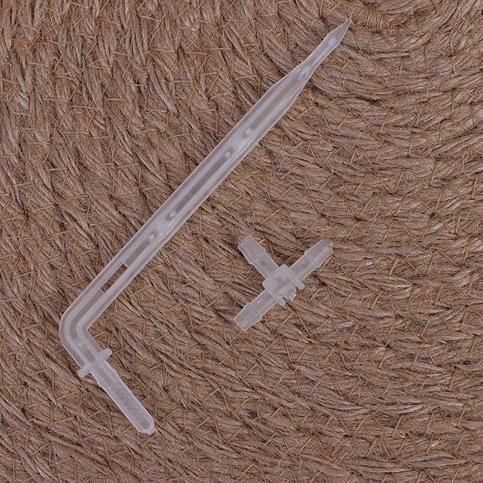10 Sets White Drip Emitters with 3-Way Connector Curved Arrow Dripper Potted Plants Bend Sprinklers Garden Automatic Irrigation System for 4/7mm Hose Patio Watering Cooling Irrigation Kit