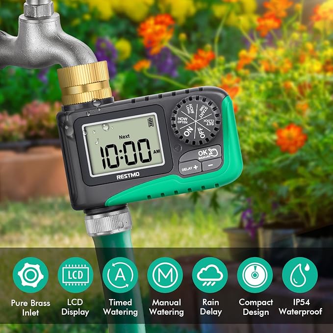 RESTMO Sprinkler Timer with Brass Inlet, Programmable Water Timer for Garden Hose, Automatic Digital Control | Manual ON/Off | Rain Delay, for Outdoor Faucet, Drip Irrigation and Lawn Watering System