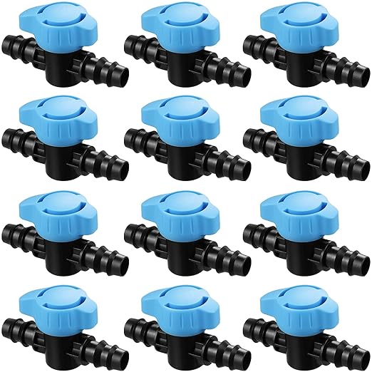 Drip Irrigation 1/2" Barbed Valve: 12 Pack in-Line Ball Shut Off Valve 16mm for 1/2 Inch and 5/8 Inch Irrigation Tubing (.570 to .620 ID) for Drip Line Tape System