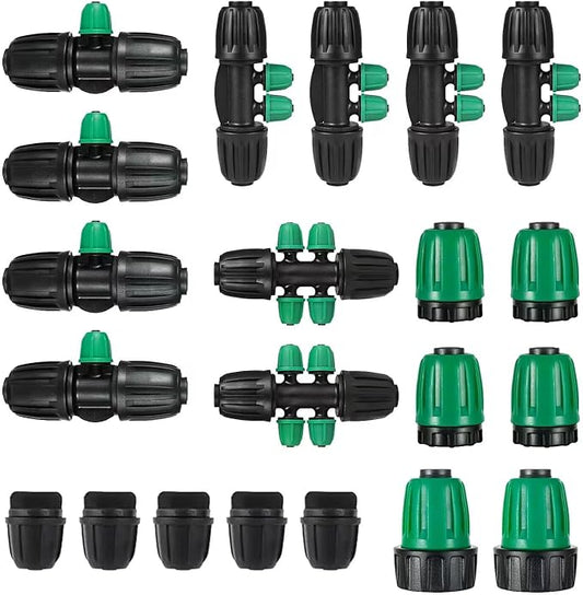 US Standard Faucet Adapter 2pc, 3/4 "Faucet to 1/2" Drip Irrigation Fitting,2pc 6-way Connector 4pc 4-way Connector 4pc 3-way Connector 4pc 1/2 End Plug 5pc 1/4 End Plug