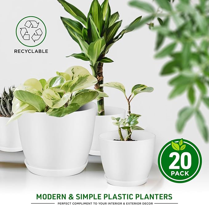 Eco Friendly Plant Pot Set -20-Pack Home Decor Flower Indoor and Outdoor Plastic Pots with Drainage Holes, Assorted Sizes (7", 6.6", 6", 5.3", 4.8") - Stackable Garden Versatile Planters