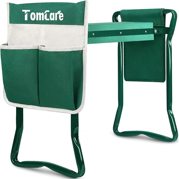 TomCare Garden Kneeler Seat Garden Bench Garden Stools Foldable Stool with Tool Bag Pouch EVA Foam Pad Outdoor Portable Kneeler for Gardening（Large-21.65" x 10.62" x 18.89", Green）