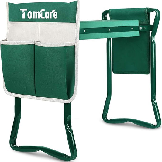 TomCare Garden Kneeler Seat Garden Bench Garden Stools Foldable Stool with Tool Bag Pouch EVA Foam Pad Outdoor Portable Kneeler for Gardening（Large-21.65" x 10.62" x 18.89", Green）