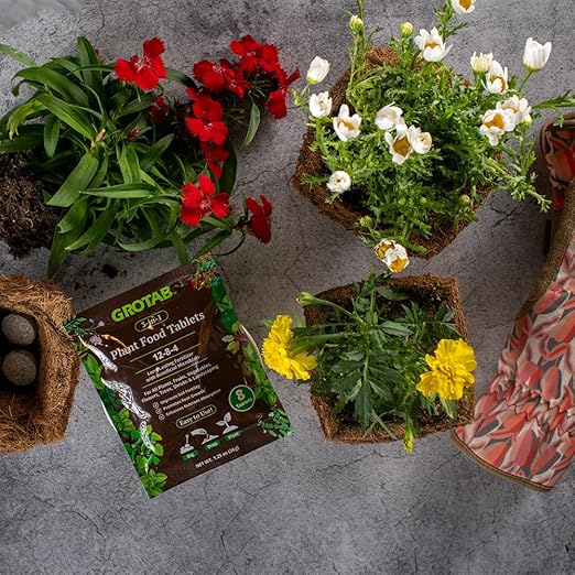 GROTAB 3-in-1 Plant Food Tablets 8 Tabs Natural 12-8-4 Plant Fertilizer Outdoor Indoor All-Purpose Flower Garden Vegetable Orchard Greenhouse Plant Fertilizer with Mycorrhizal Trichoderma Microbials