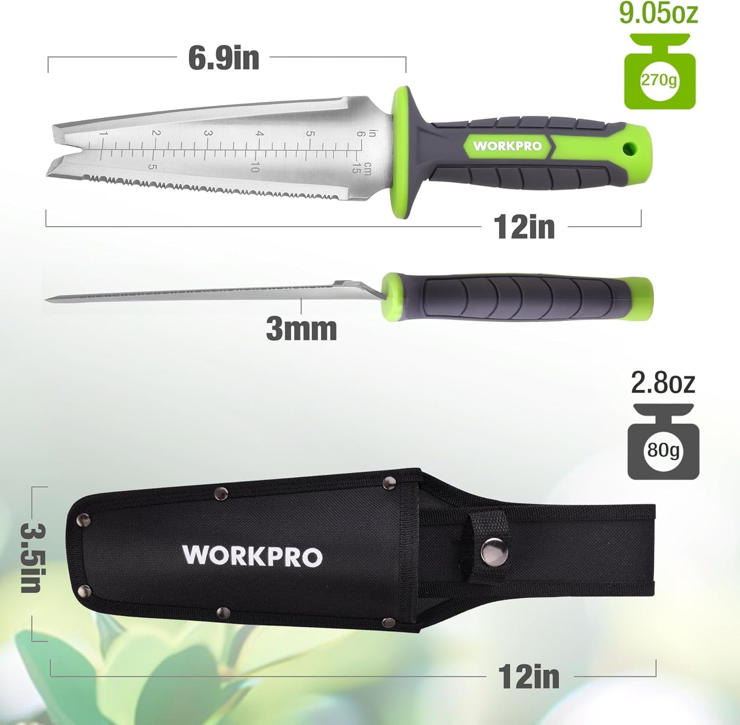 WORKPRO Hori Hori Garden Knife, Garden Tools with Oxford Sheath, 7" Stainless Steel Blade with Cutting Edge, Multi-Purpose Weed Puller tool with Hanging Hole for Planting, Weeding, Digging
