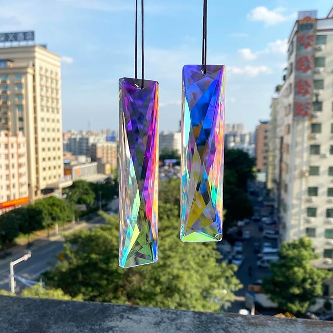 STINO 5" Large Hanging Prism Suncatcher for Window, Rectangle Crystal Stick Rainbow Maker Garden Pendant Sun Catcher Ornament (1, Net Rectangle ABColor 2Pcs)