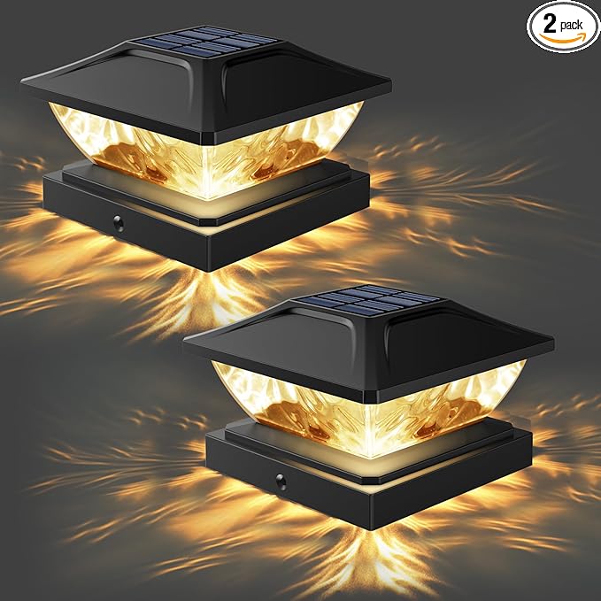 Solar Post Cap Lights Outdoor: 2 Pack 16 LED Fence Post Solar Lights, Solar Powered 2 Lighting Modes 4x4 Post Solar Lights for Garden Patio Deck Step Decor, Fit 3.5x3.5 5x5 Vinyl Wooden Lamp Post