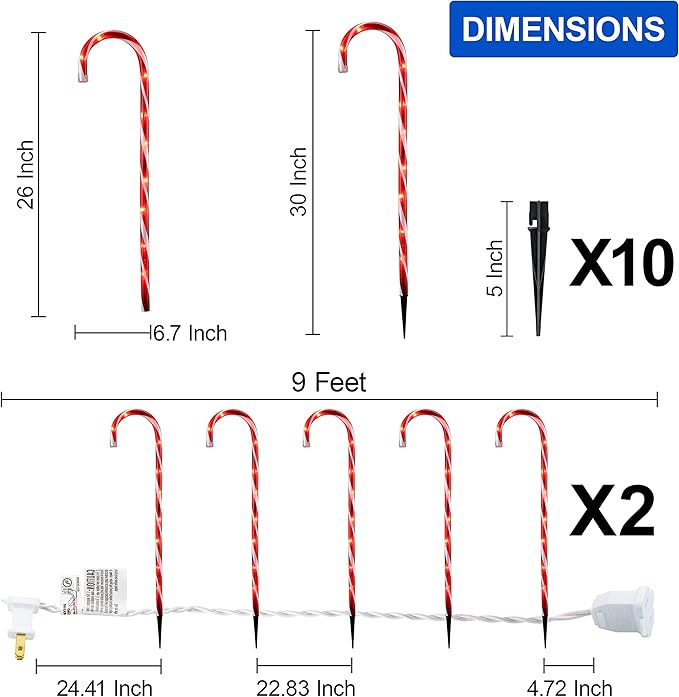 26" Christmas Candy Cane Pathway Markers Lights, Set of 10 Pack Christmas Outdoor Decorations Candy Cane Lights for Yard Patio Garden Walkway Indoor Décor Landscape Path Festival Holiday, Red