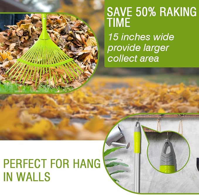 Leaf Rake Set, Garden Rakes for Leaves, 65inch Adjustable Long with 16" Wide Metal Tines, Lawn Rake with Two Lightweight Leaf Scoop-Gardening Grabbers for Leaf Lawn Grass Removal