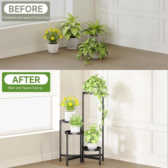 4-Tier Metal Plant Stand Indoor, Foldable Corner Plant Shelf Outdoor, Rotatable Tiered Tall Plant Stand, Black Multiple Plant Stands for Patio Living Room Balcony Garden Home Decor