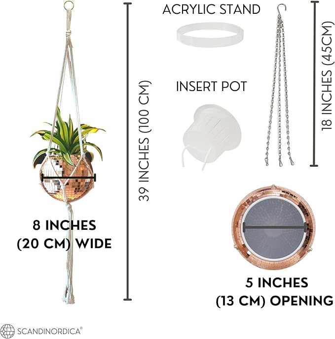 SCANDINORDICA Disco Ball Planter – Value Package: Mirror Disco Planter with Chain, Macrame Hanger and Acrylic Stand for Desk, Includes Self Watering Insert, Plant Gifts | 8 inch Rose Gold