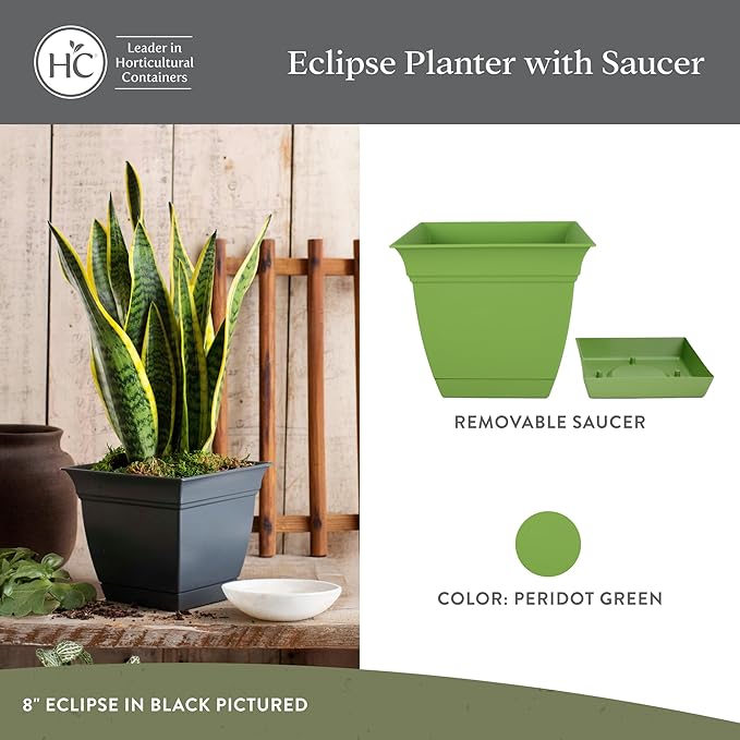 The HC Companies 10 Inch Eclipse Square Planter with Saucer – Indoor Outdoor Plant Pot for Flowers Vegetables Herbs, Peridot Green