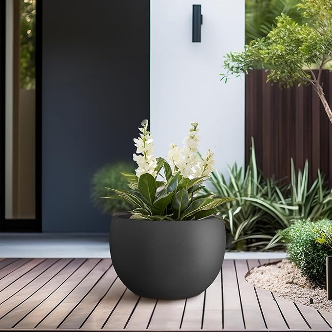 Kante 11.8" Dia Round Concrete Planter, Outdoor/Indoor Large Bowl Plant Pots with Drainage Hole and Rubber Plug for Garden Patio Balcony Home, Black
