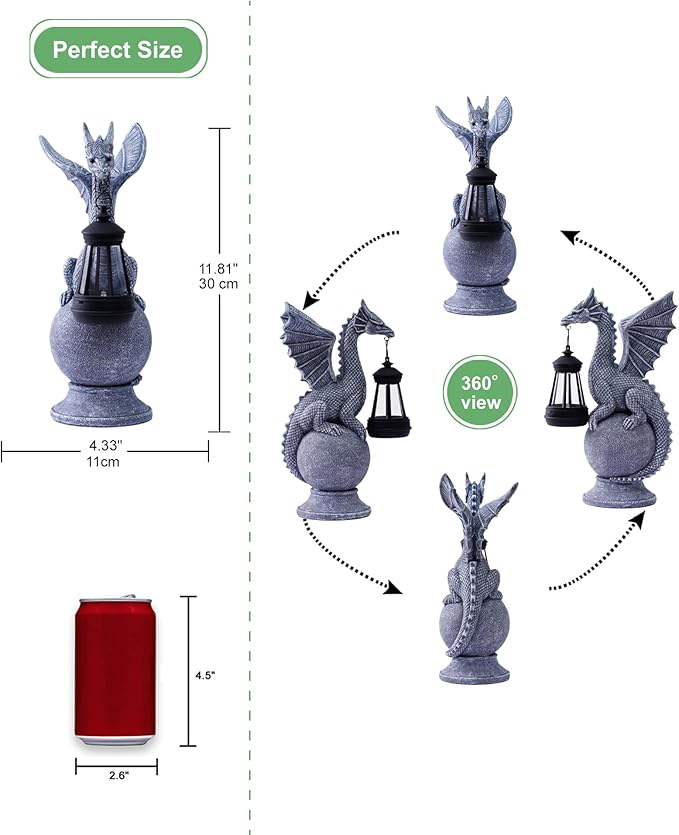 Dragon on Ball with Solar Lantern Statues: Garden Decor Outdoor Decorations Art Figurine for Patio Balcony Yard Lawn