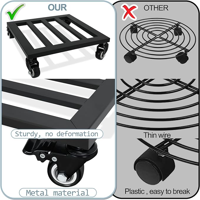 Plant Caddy with Wheels, 2 Pack 12 Inch Plant Stand with Wheels Metal Square Plant Dolly with Lockable Caster Wheels Heavy Duty Plant Dolly Base for Indoor Outdoor Holds up 380 Lbs Pots Planter, Black