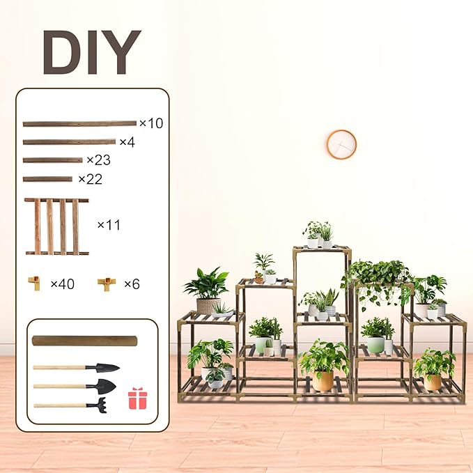 Plant Stand Indoor Outdoor, 11 Tier Corner Plant Shelf for Multiple Plants, Large Wood Plant Shelf Combo Ideal for Gardens, Patios, and Lawns