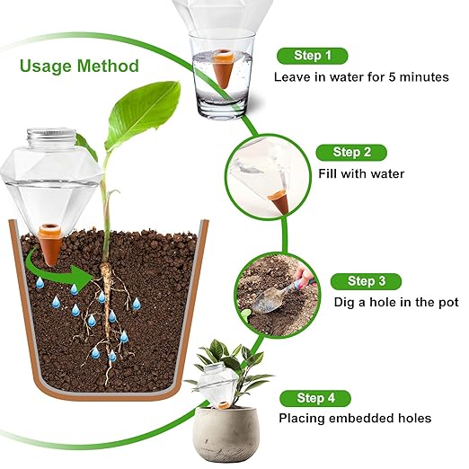 Watering Globes XL- 4 Pcs Diamond Plastic Shape Plant Watering Globes Self Watering Planter Insert 17oz Large for Indoor＆Outdoor Plants Watering Bulbs