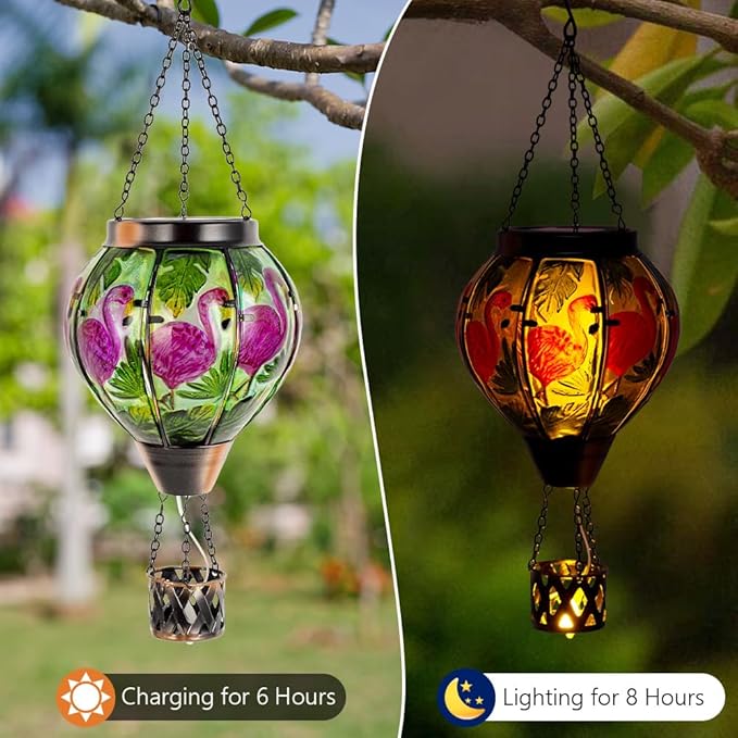 Flamingo Solar Hot Air Balloon Flickering Flame Hanging Garden Light,Glass Hot Air Balloon Solar Lanterns Outdoor Waterproof for Patio Tree Yard Decor,Flamingo Lantern Birthday Gifts for Women
