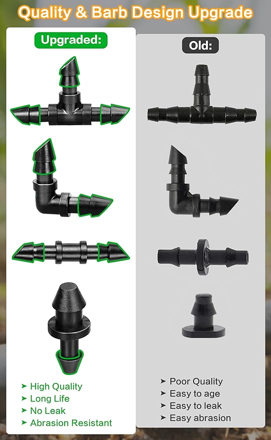 Drip Irrigation Fittings Kit for 1/4" Tubing, 130 Pieces Drip Line Connectors for Drip Systems - 60 Couplings, 40 Tees, 20 Elbows, 10 End Plugs - Drip Irrigation Parts for 1/4 Inch Drip Hose