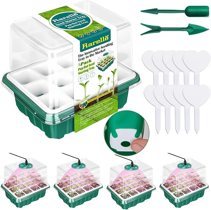 5 Packs Seed Starter Tray with Grow Light, Reusable Pop-Out Seed Starter Kit, 60 Cells With Humidity Domes, Indoor Gardening Plant Germination Trays for Seeds