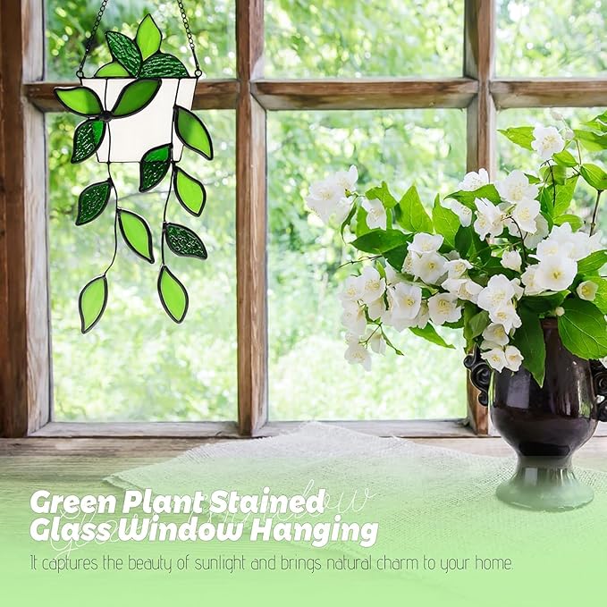 Stained Glass Window Hanging Green Plant Window Suncatcher Handcrafted Green Faux Plant Window Wall Glass Panel Decor for Plant Lovers,Unique Home Indoor&Outdoor Decor