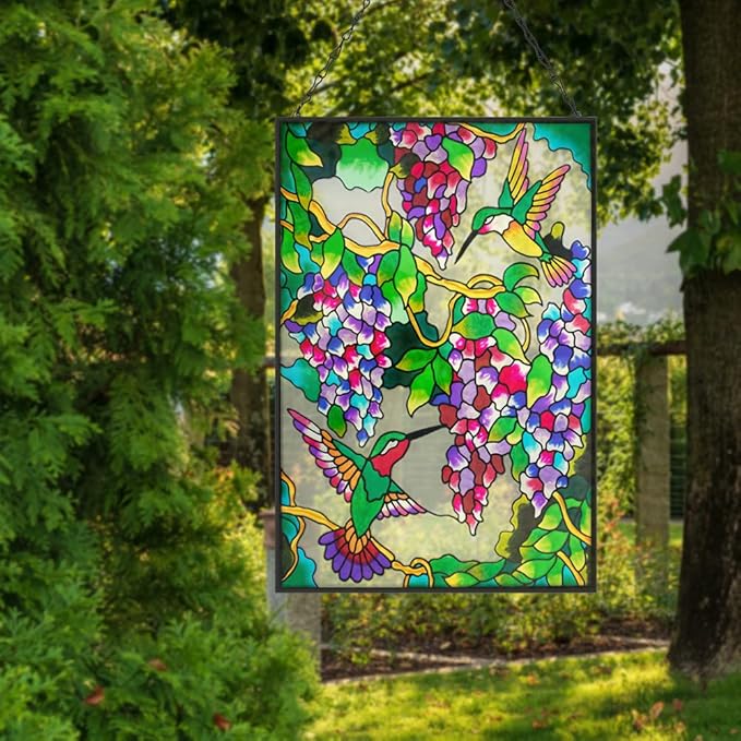 VEWOGARDEN Hummingbird Stained Glass Window Hangings 10" W x 15" H Bird Suncatcher Panel with Chain Windows Hanging Decor Ornament Gift