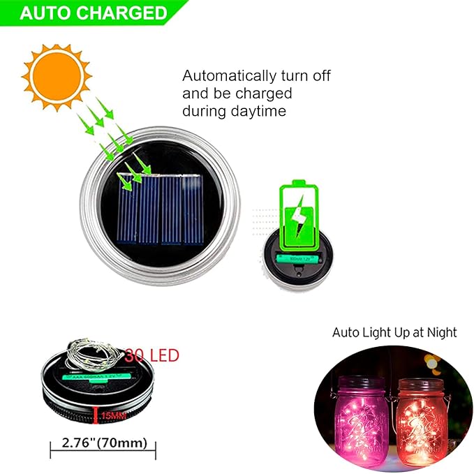 ZNYCYE Upgraded Solar Mason Jar Lights, 12 Pack 30 Led String Fairy Star Firefly Jar Lids Lights, Jars Not Included, Best for Mason Jar Decor,Great Outdoor Lawn Decor for Patio Garden, Yard (6 Colors)