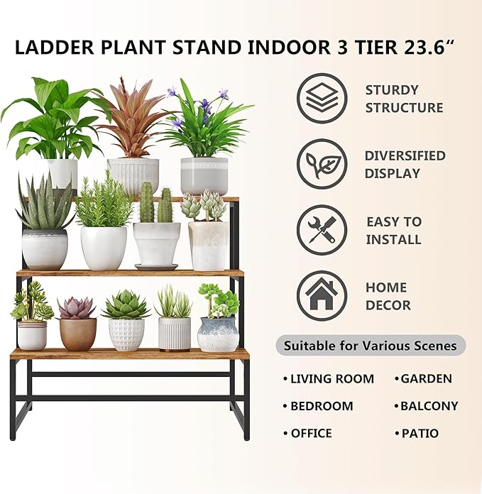 23.6" Wide Plant Stand Indoor, 3-Tier Modern Plant Ladder Shelf Corner Flower Pot Holder Organizer for Living Room Balcony Garden, Rustic Brown