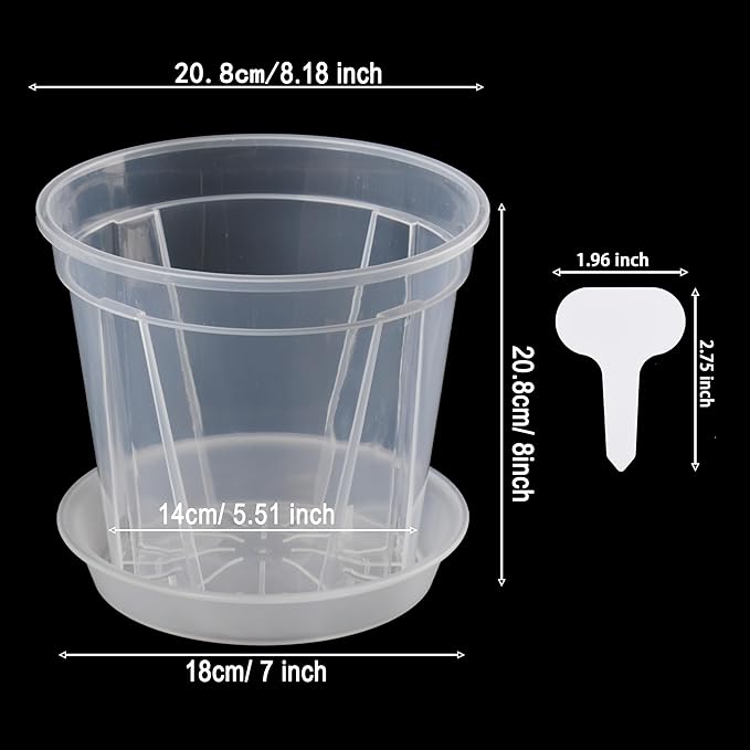 5 Sets 8 Inch Transparent Plastic Garden Pots Planter with Saucer Plant Planter Drainage Hole Plastic Pots for Plants Indoor and Out Door House Plants with 10pcs Plant Labels