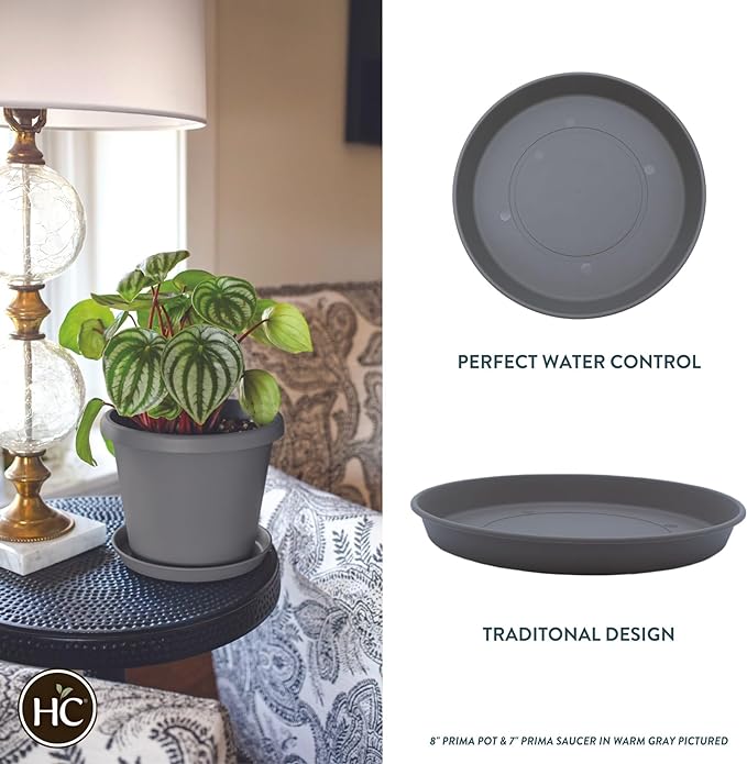 The HC Companies 10.5 Inch Round Prima Plastic Plant Saucer - Indoor Outdoor Plant Trays for Pots - 10.63 Inchx10.63 Inchx1.26 Inch in Warm Gray