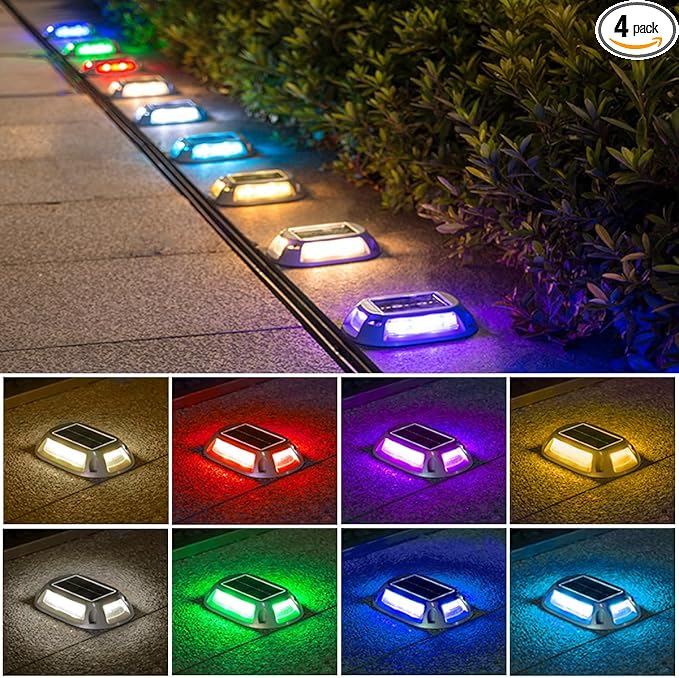 Solar Driveway Lights Dock Deck Lights 4 Pack, 9 Colors in 1, LED Driveway Markers Deck Lights IP68 Waterproof Outdoor Solar Powered Warning Step Lights for Pathway RGB