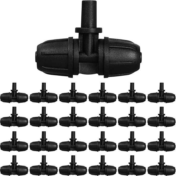 JAYEE Drip Irrigation Fittings 1/4 Inch Tubing to 6mm Flat Mouth, 25 Pcs Locked Barbed Tee Connectors for 1/4" Nozzle Spray Emitter Dripper, 3-Way Tee Drip Line Parts for Drip Sprinkler System, Black
