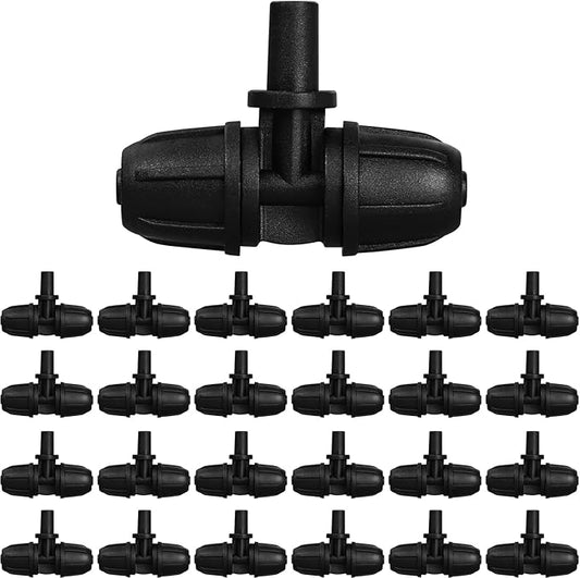 JAYEE Drip Irrigation Fittings 1/4 Inch Tubing to 6mm Flat Mouth, 25 Pcs Locked Barbed Tee Connectors for 1/4" Nozzle Spray Emitter Dripper, 3-Way Tee Drip Line Parts for Drip Sprinkler System, Black