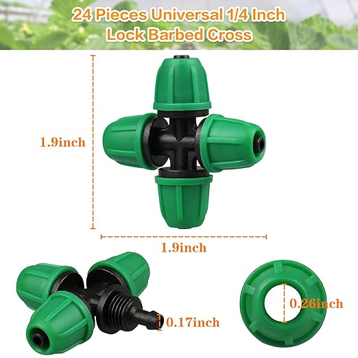 Upgraded 1/4" Drip Irrigation Cross Fittings：Leak Free Lock Barbed 4 Way Tee Connectors for 1/4 Inch Irrigation Tubing Quick Connect Parts for Garden Landscape System (24 Pieces)
