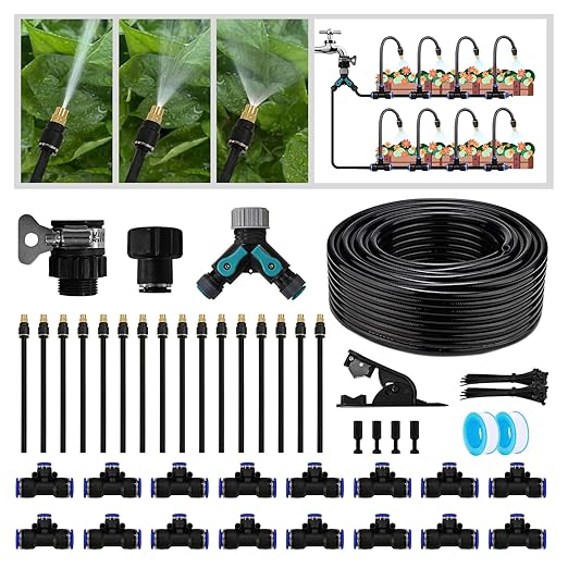 Garden Drip Irrigation Kit, 100ft Black Hose, 360° Adjustable Universal Nozzle, Patio Mist Plant Watering Sprinkler, Comes with Faucet Separator, Sprinkler Hose Adapter (Closeable nozzle-16)