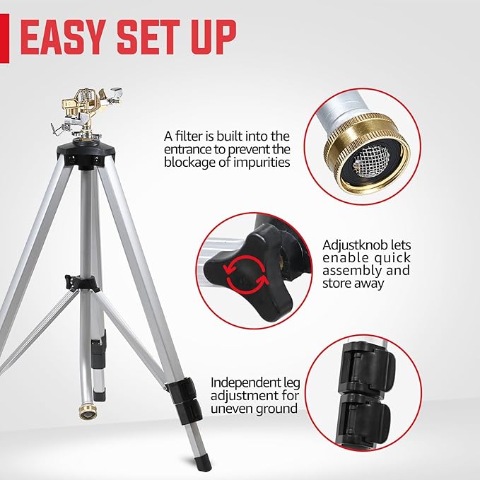 YAMATIC Impact Sprinkler on Adjustable Tripod Base, 360 Degree Large Area, Heavy Duty Adjustable Pulsator Sprinkler for Lawn, Yard and Grass Irrigation, Spray up to 20-90ft(Brass Head)