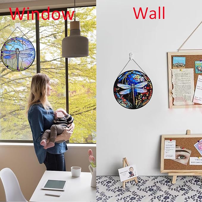 Hanging Stained Glass for Windows,20cm/7.87inch Dragonfly Hand-Painted Sun Catcher Garden Hangings Christmas Mother's Day, Valentine's Day Ornaments Festival Gift (A Style)