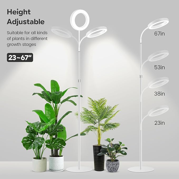 Garpsen Grow Light, Full Spectrum LED Plant Lights with Stand, 3 Color Modes Floor Grow Lamp with Timer 6/12/16H, 5 Dimmable Levels, 67'' Adjustable Height for Indoor Large Plants(White)