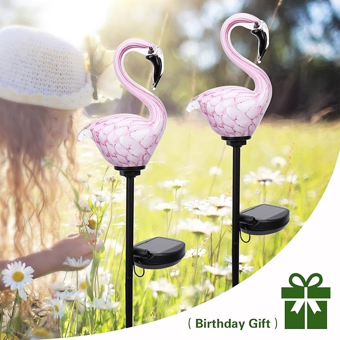 Afirst Solar Outdoor Lights Decorative - Solar Garden Stake Lights Flamingo Handblown Glass Garden Stakes Garden Pathway Lights Outdoor Waterproof Glass Stakes 4" W 2 Pack